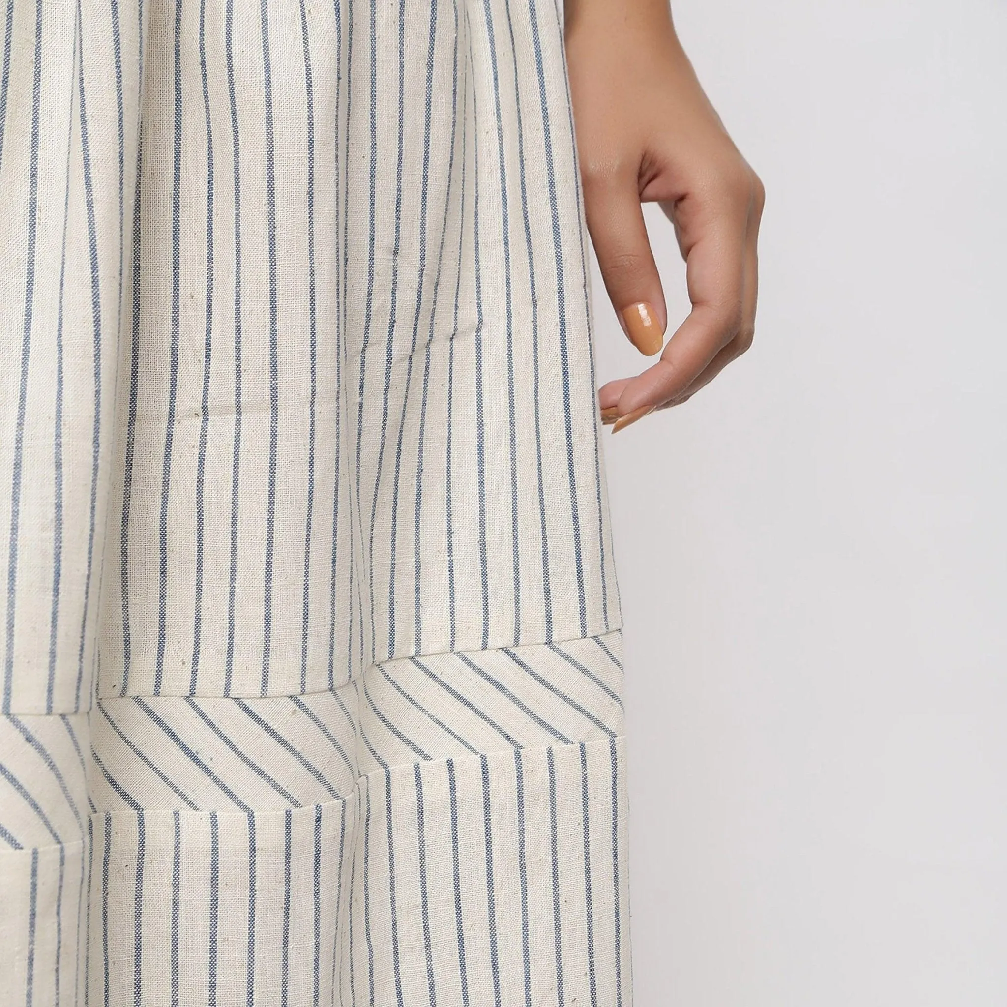 Off-White and Blue Striped Yarn Dyed Cotton Gathered Maxi Skirt