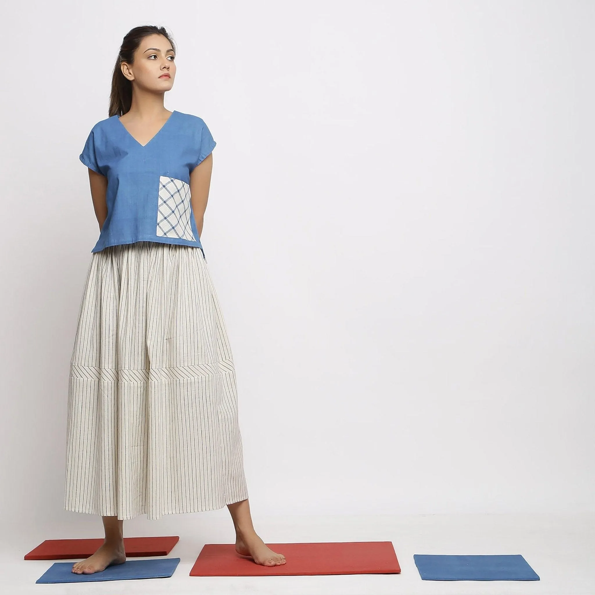 Off-White and Blue Striped Yarn Dyed Cotton Gathered Maxi Skirt