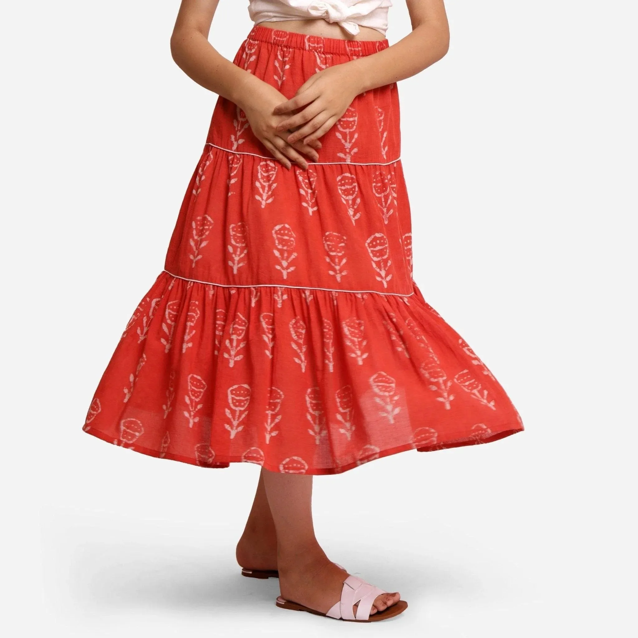 Orange Floral Block Print Cotton Maxi Skirt