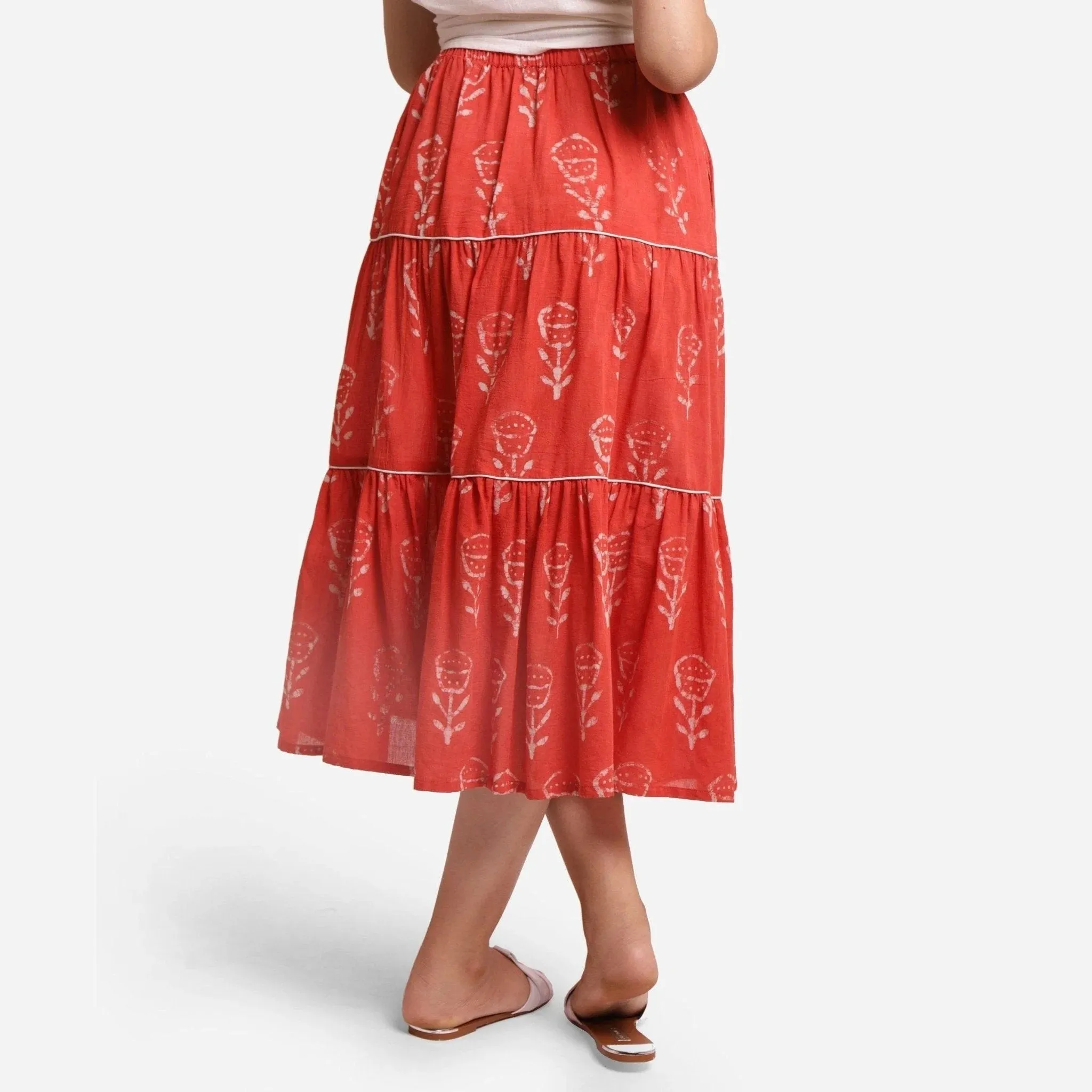 Orange Floral Block Print Cotton Maxi Skirt