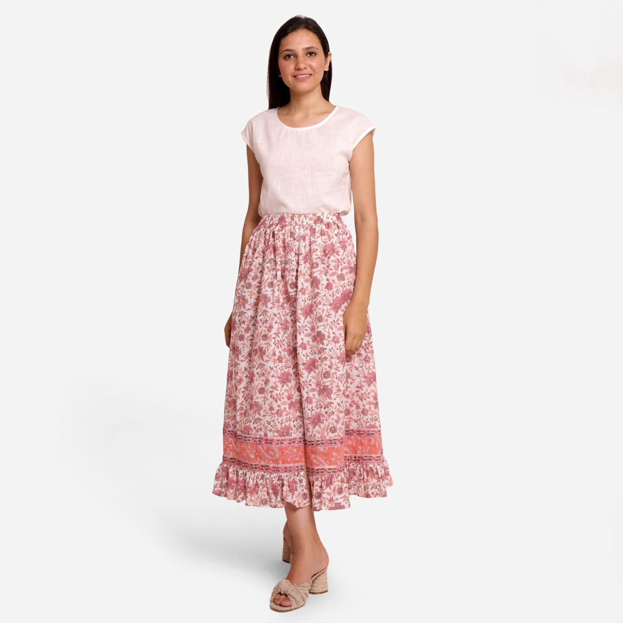 Peach Frilled Block Printed Maxi Cotton Skirt