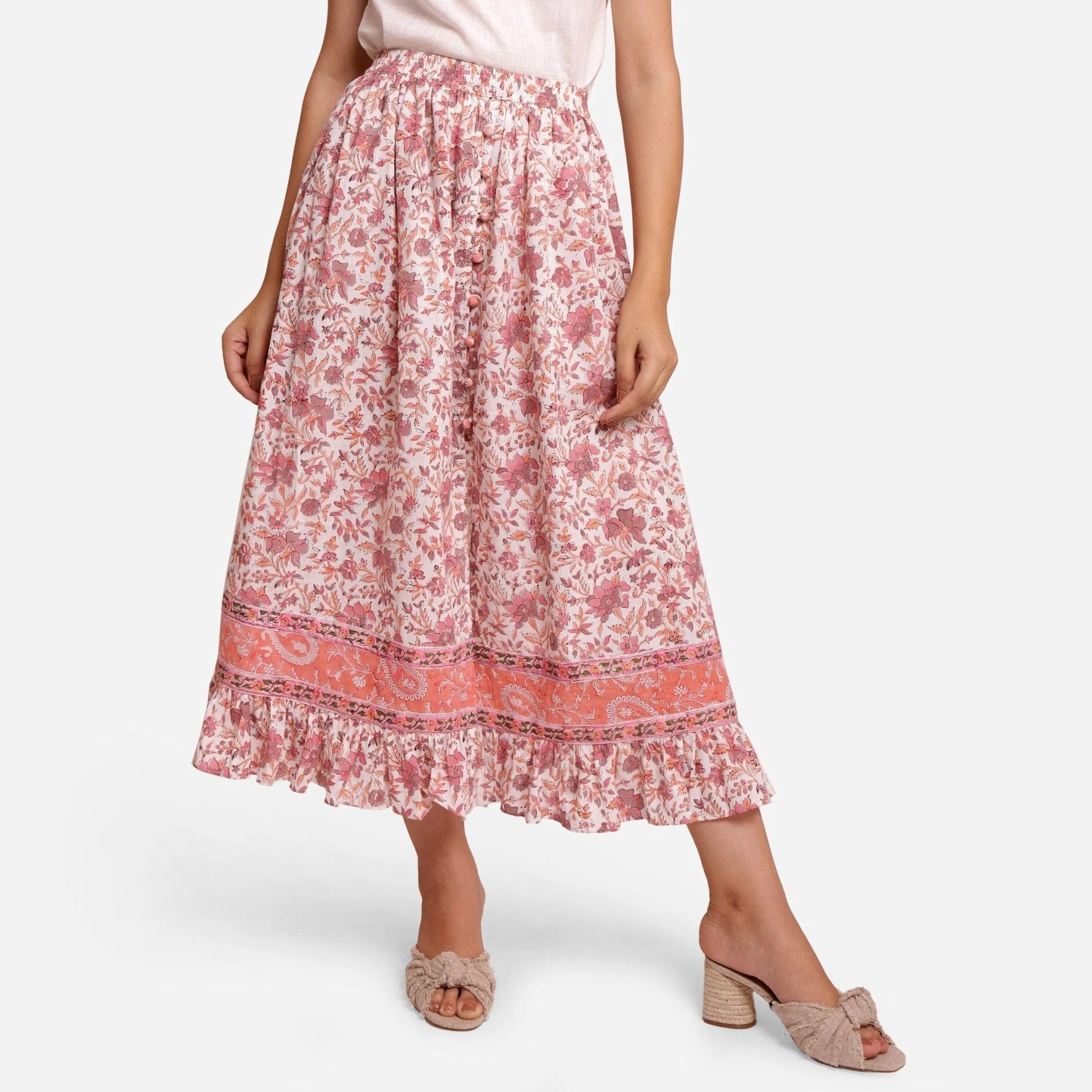 Peach Frilled Block Printed Maxi Cotton Skirt