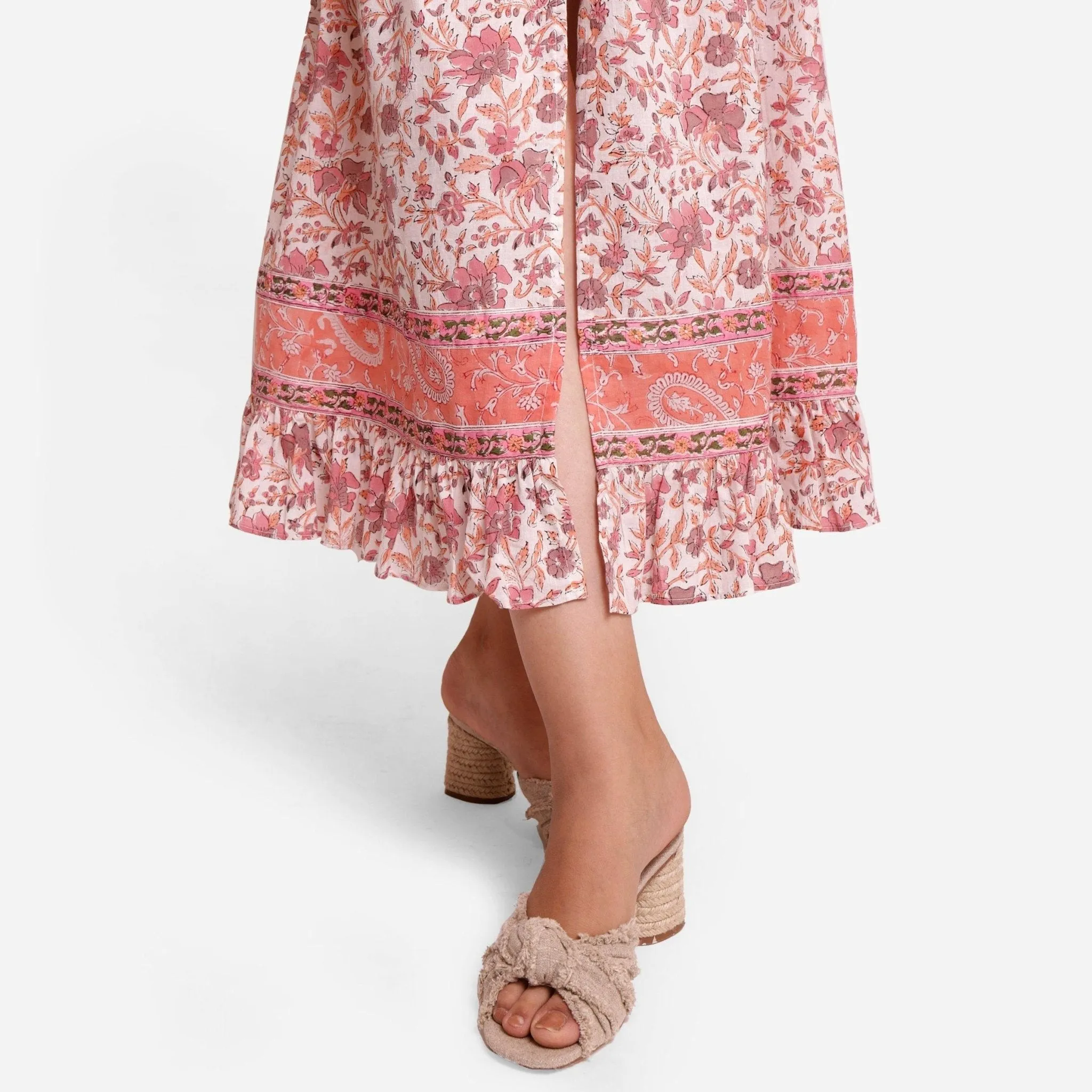 Peach Frilled Block Printed Maxi Cotton Skirt