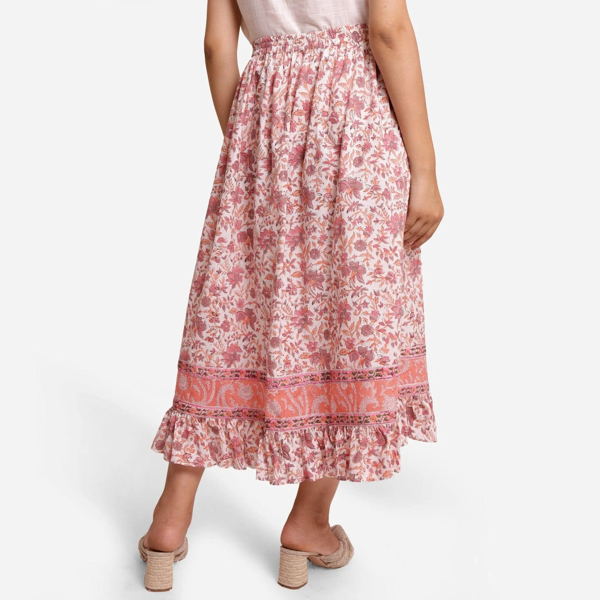 Peach Frilled Block Printed Maxi Cotton Skirt