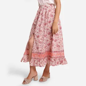 Peach Frilled Block Printed Maxi Cotton Skirt