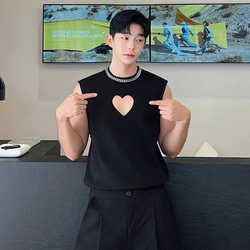 Personality Hollow Out Printing Vests Summer Thin Korean Styyle Loose Tank Top Fashion Male Casual Sleeveless T-shirt 9C699