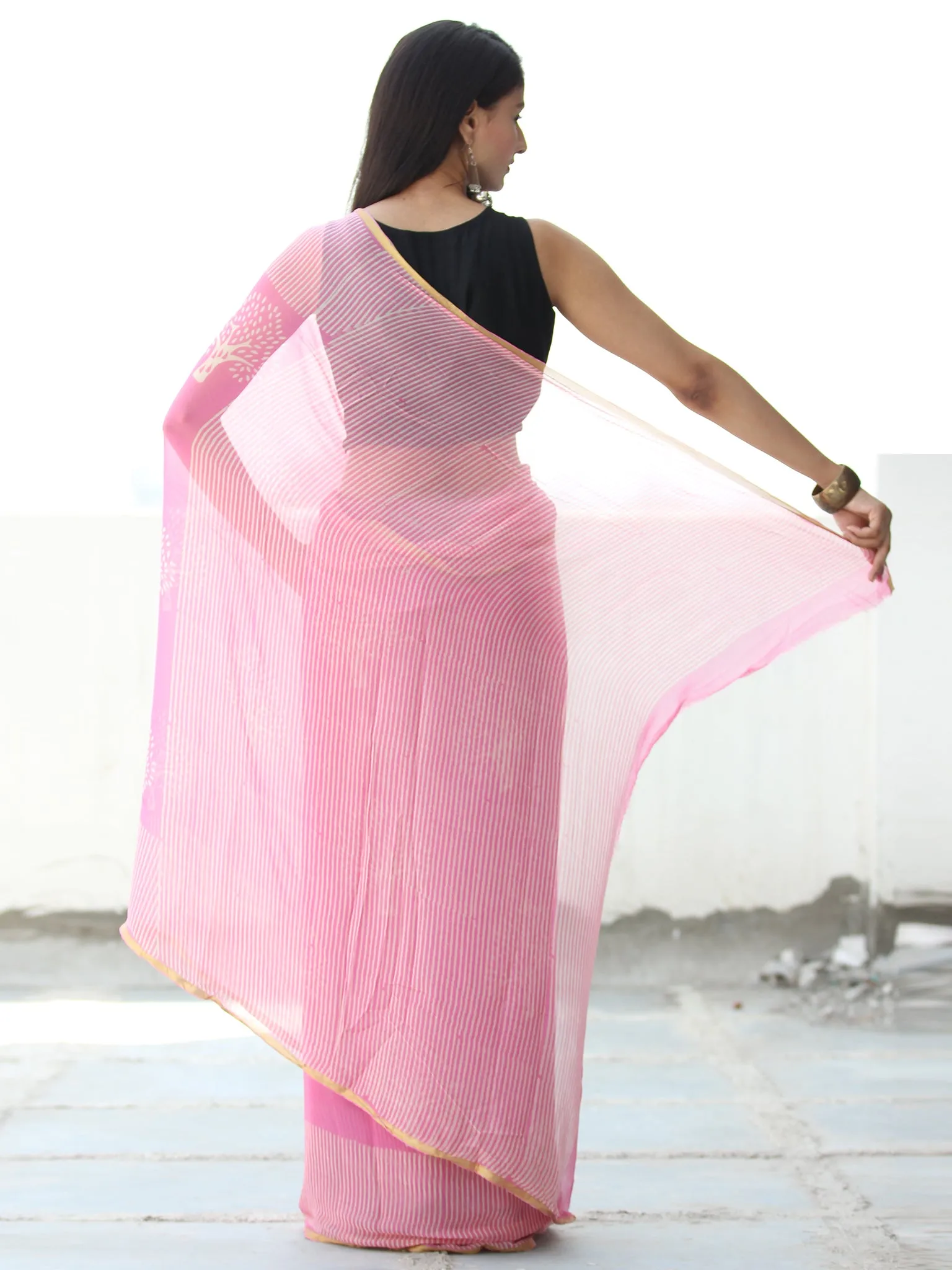 Pink Ivory Hand Block Printed Chiffon Saree with Zari Border - S031703917