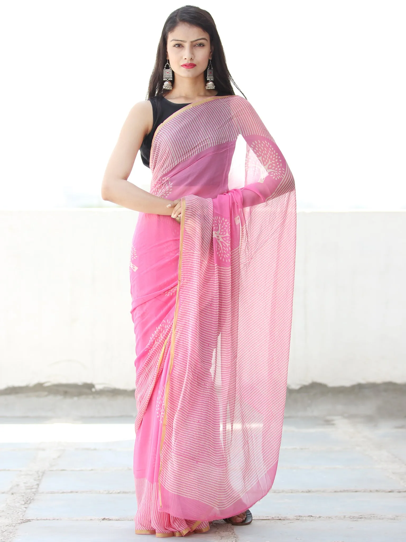 Pink Ivory Hand Block Printed Chiffon Saree with Zari Border - S031703917