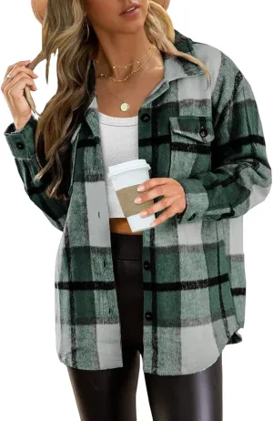 Plaid Shacket Jacket Womens Fall Fashion Long Sleeve Button Down Shirts Lightweight Boyfriend Oversized Blouses Top