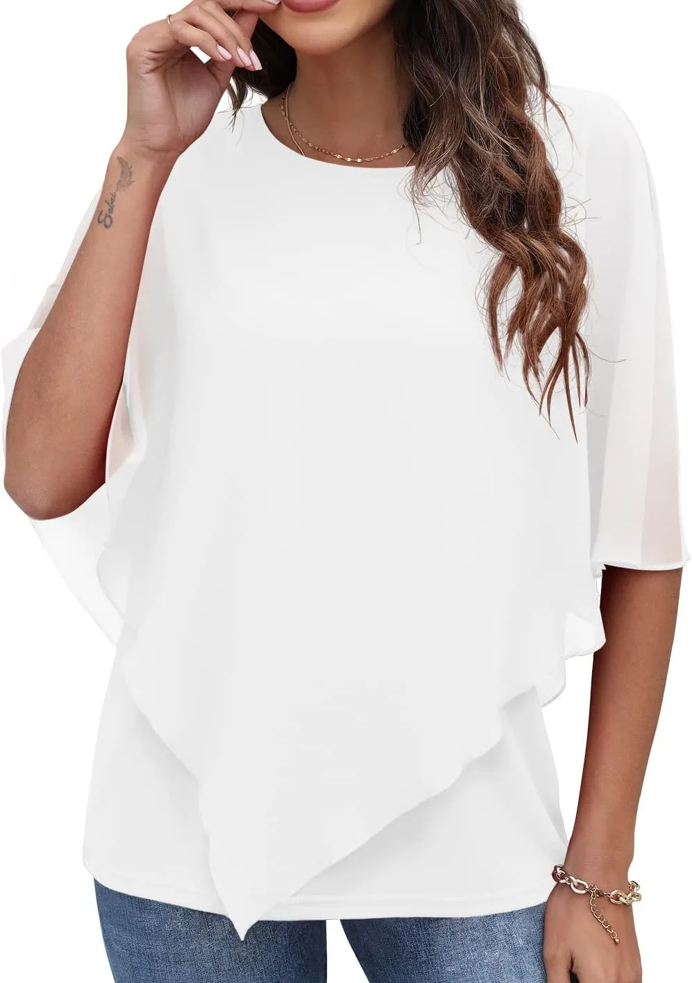 QIXING Women's Summer Casual Loose Chiffon Flowy Tops Elegant Blouses