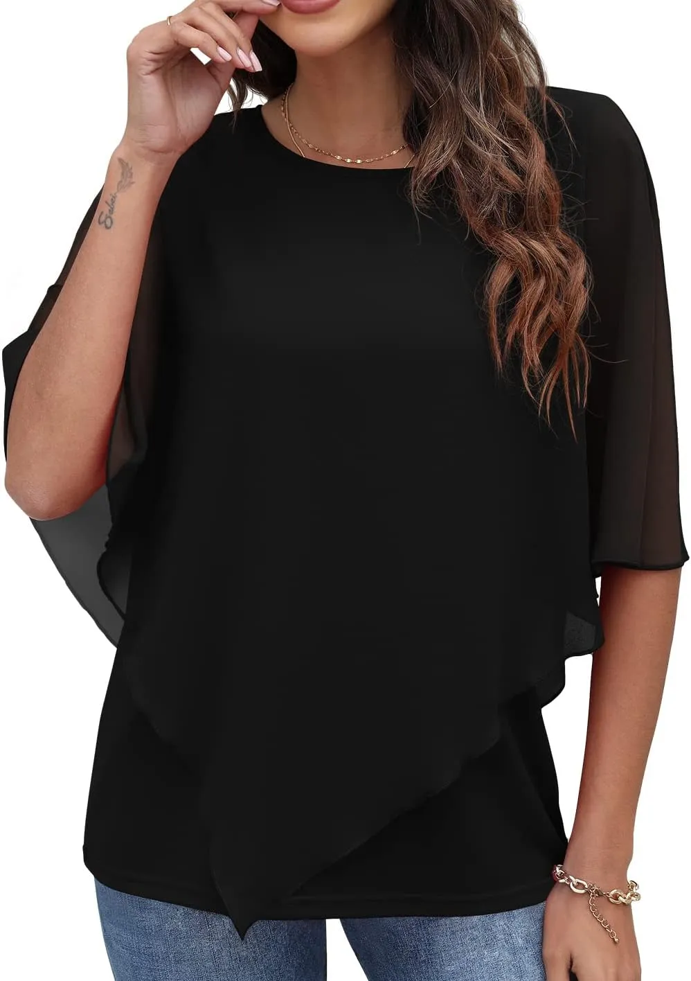 QIXING Women's Summer Casual Loose Chiffon Flowy Tops Elegant Blouses