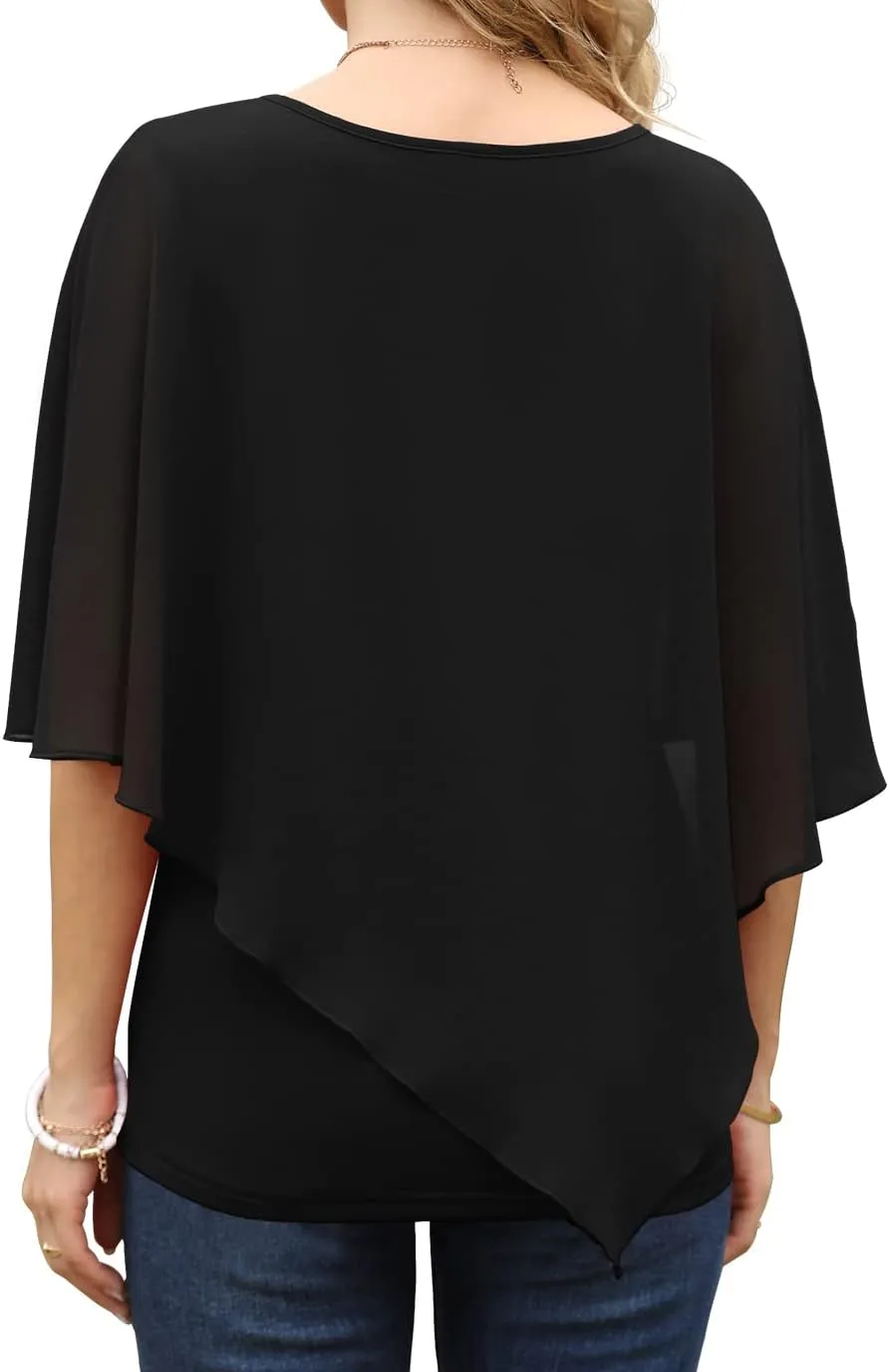 QIXING Women's Summer Casual Loose Chiffon Flowy Tops Elegant Blouses