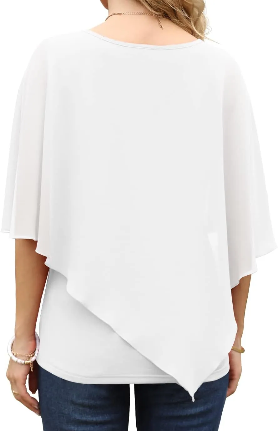 QIXING Women's Summer Casual Loose Chiffon Flowy Tops Elegant Blouses