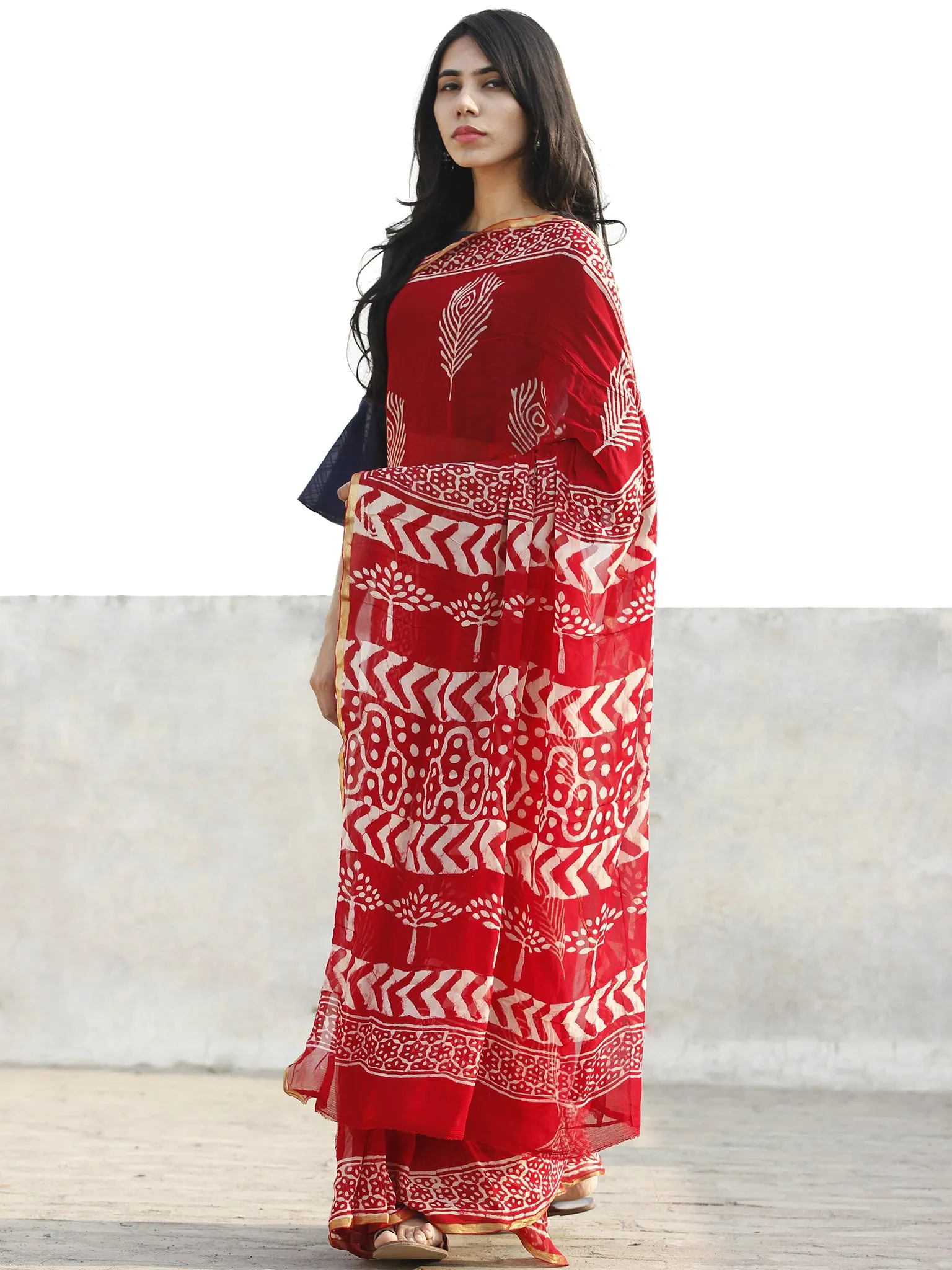 Red and White  Hand Block Printed Chiffon Saree with Zari border- S031702703