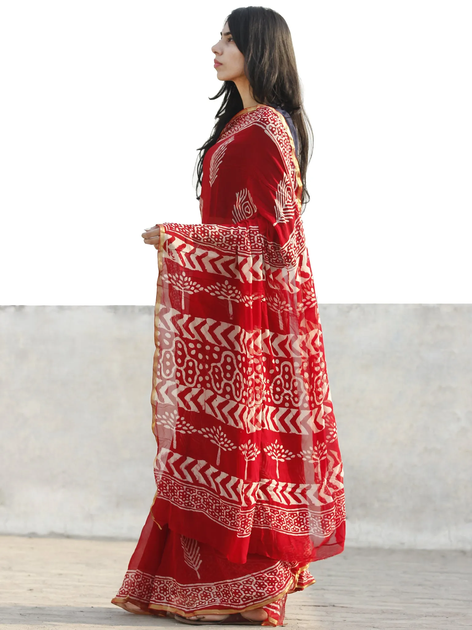 Red and White  Hand Block Printed Chiffon Saree with Zari border- S031702703