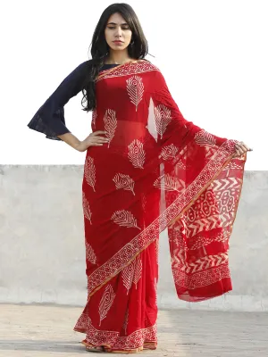 Red and White  Hand Block Printed Chiffon Saree with Zari border- S031702703