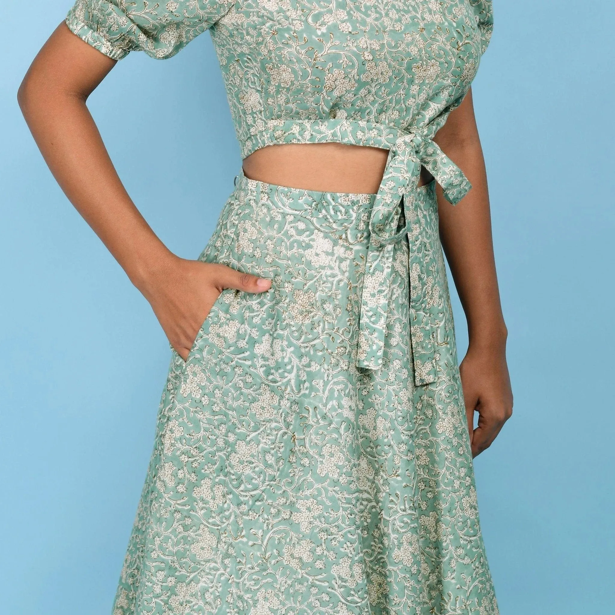 Sage Green Block Printed Cotton Maxi Skirt