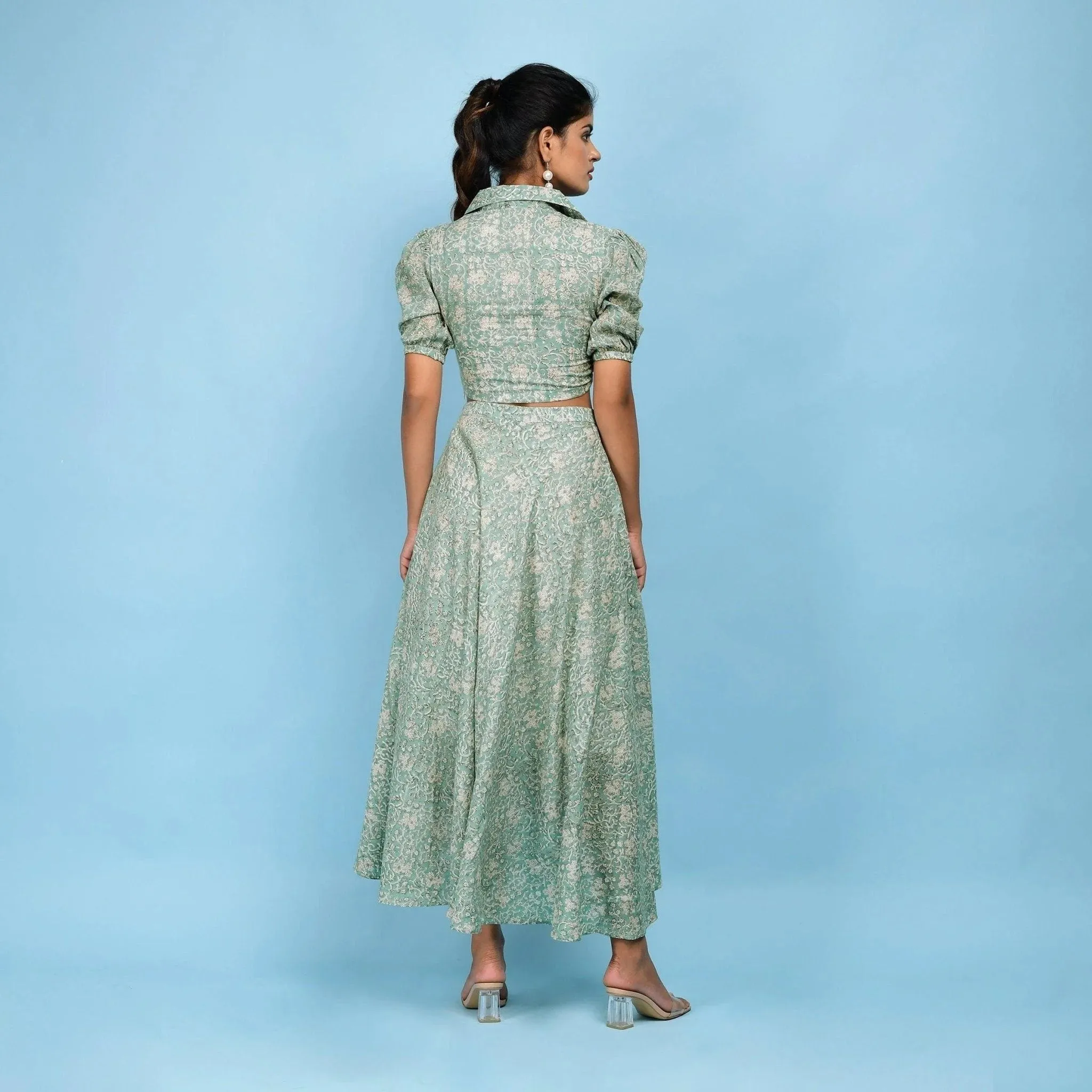 Sage Green Block Printed Cotton Maxi Skirt