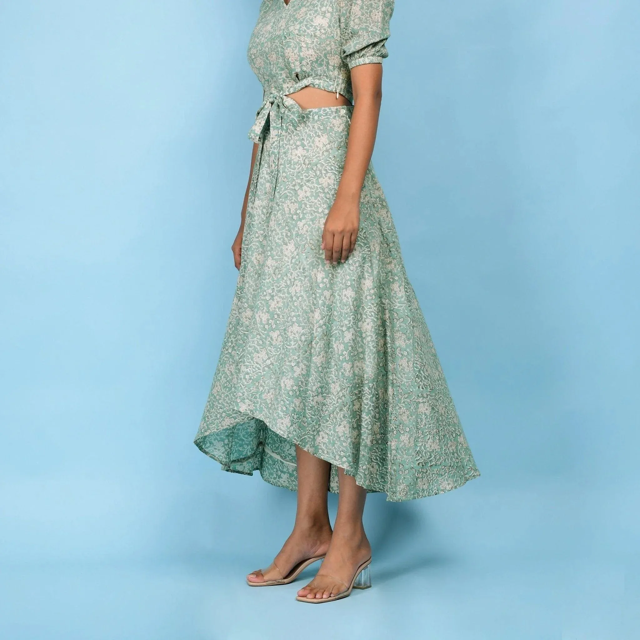 Sage Green Block Printed Cotton Maxi Skirt
