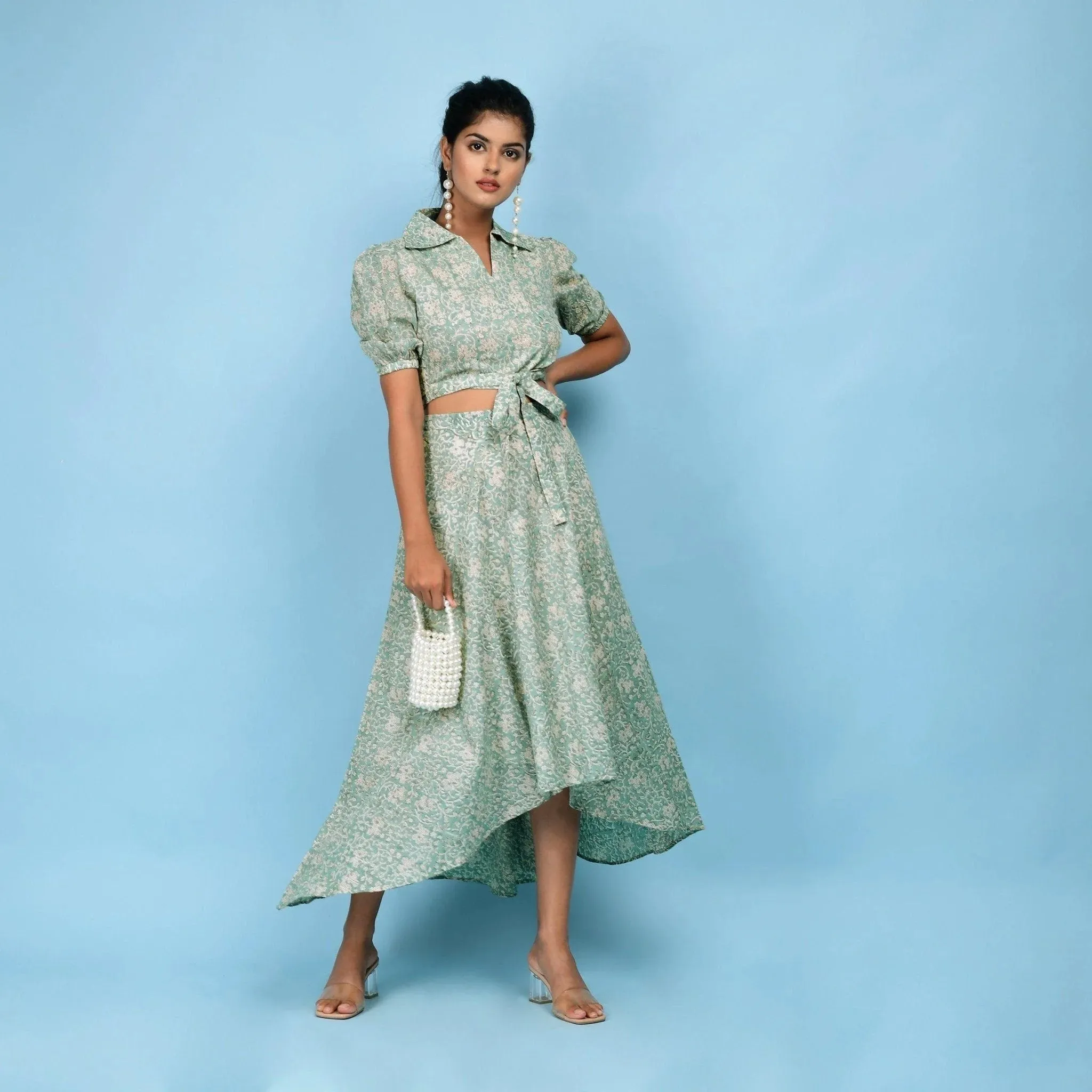 Sage Green Block Printed Cotton Maxi Skirt