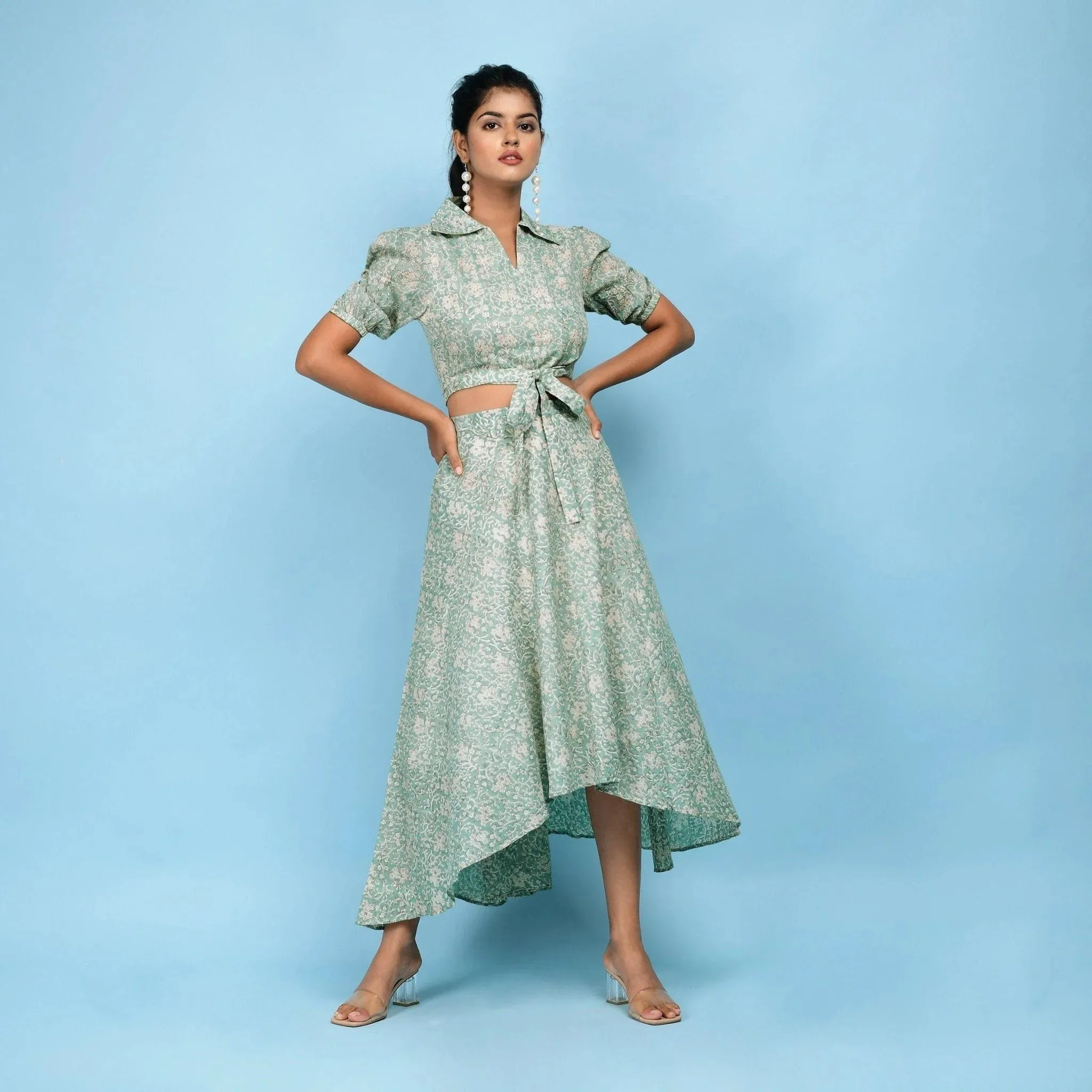 Sage Green Block Printed Cotton Maxi Skirt