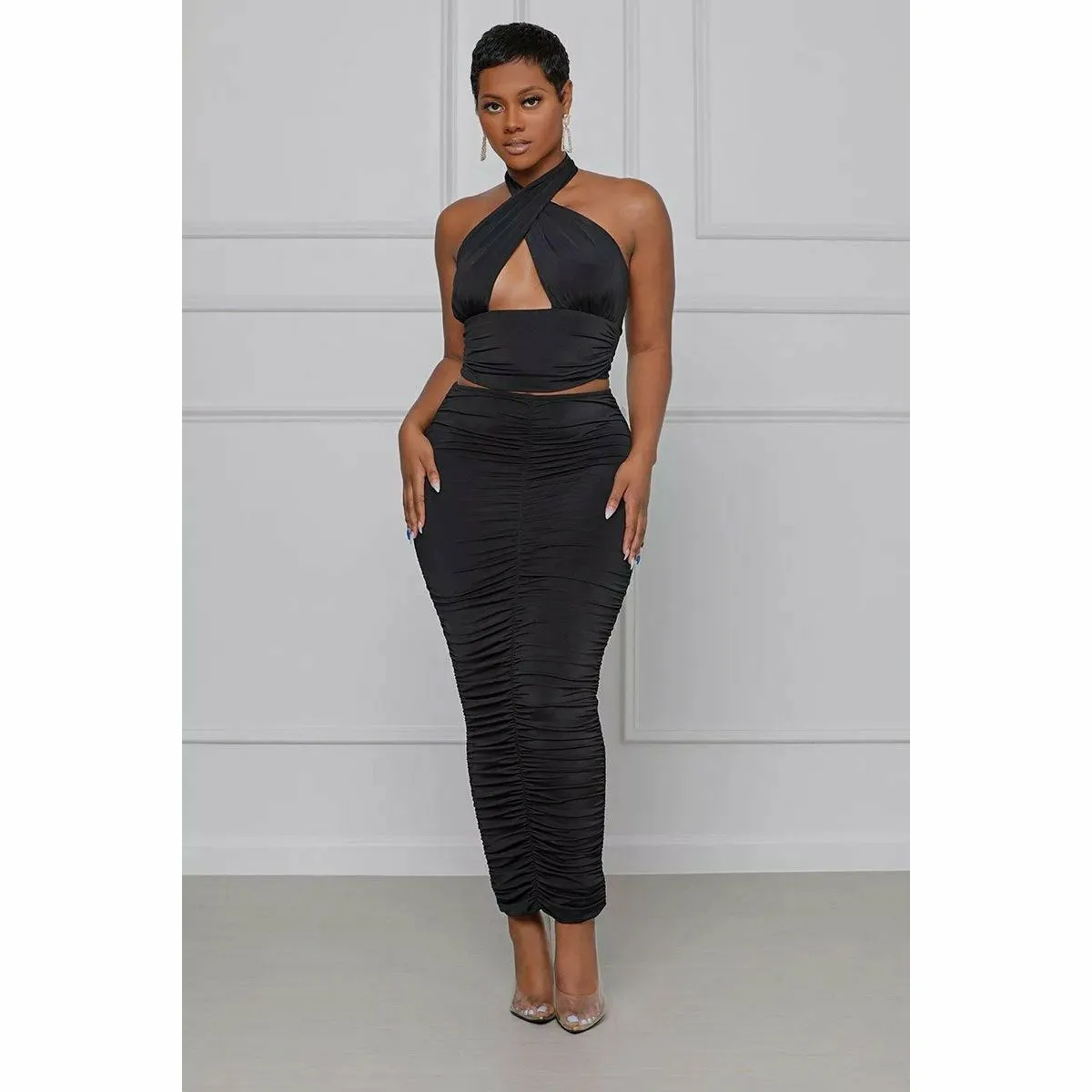 Sexy Halter Backless Top Maxi Skirts Set