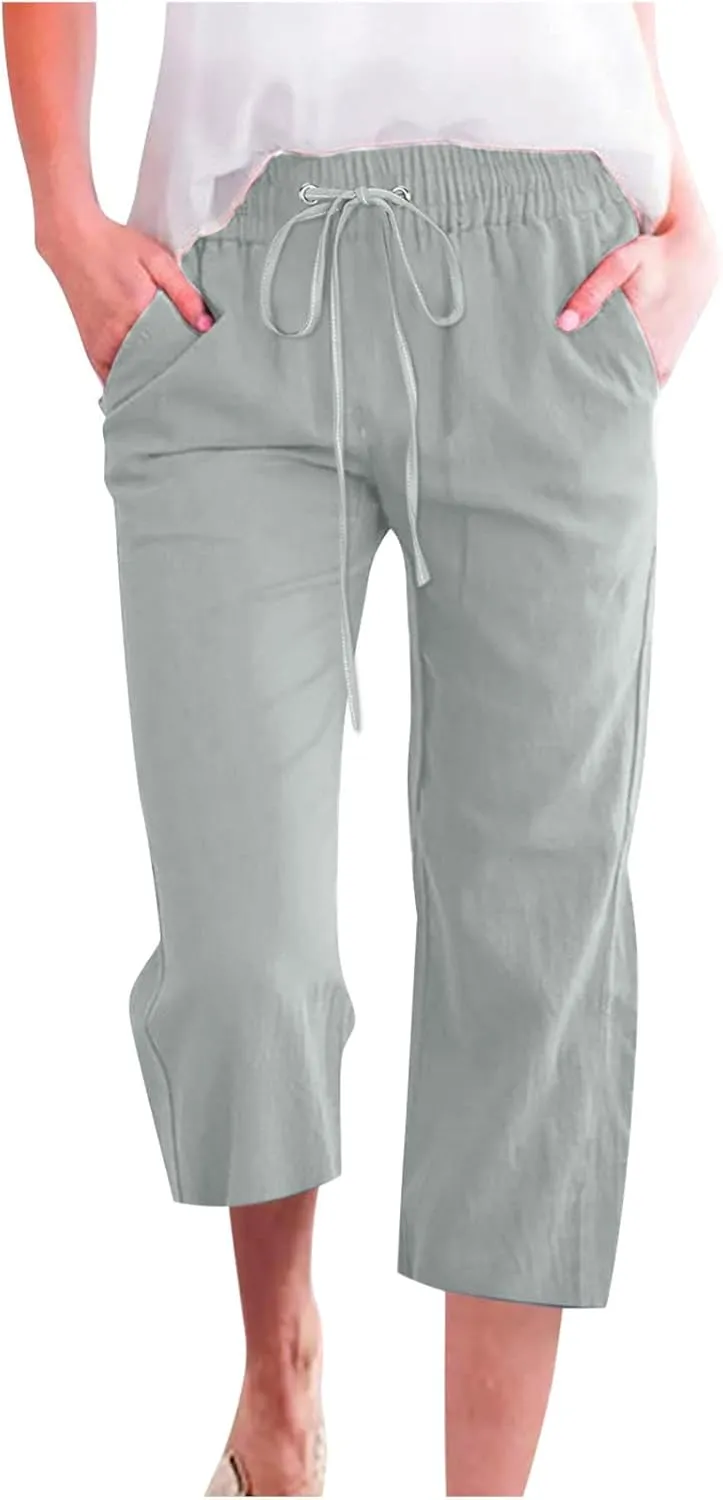 SMIDOW Capri Pants for Women Casual 2025 Summer Drawstring Elastic High Waist Linen Pant Straight Wide Leg Cropped Trouser