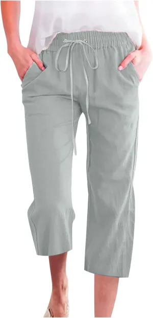 SMIDOW Capri Pants for Women Casual 2025 Summer Drawstring Elastic High Waist Linen Pant Straight Wide Leg Cropped Trouser