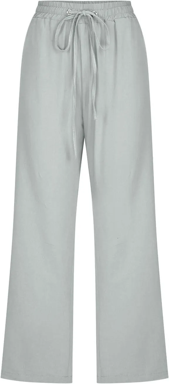 SMIDOW Capri Pants for Women Casual 2025 Summer Drawstring Elastic High Waist Linen Pant Straight Wide Leg Cropped Trouser
