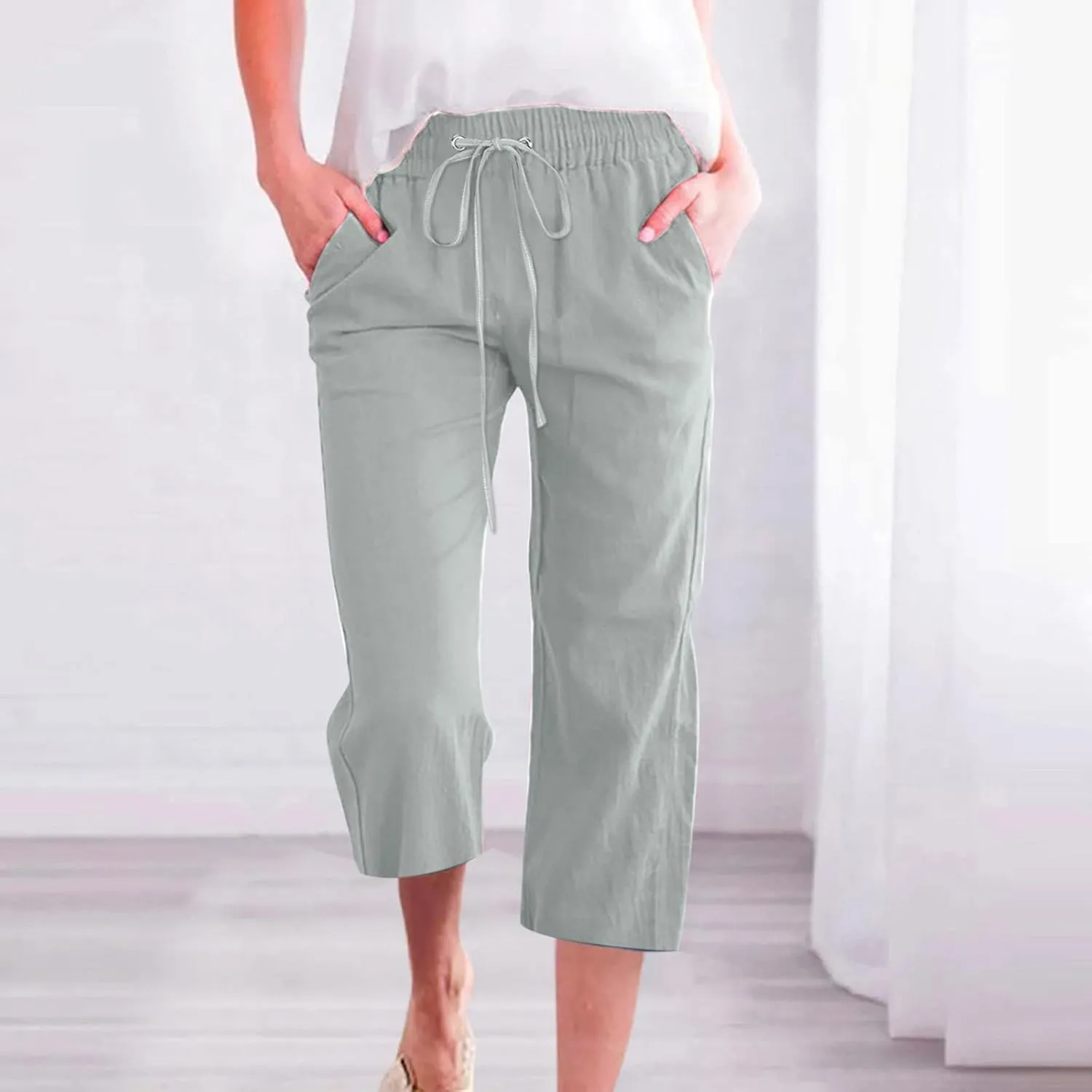 SMIDOW Capri Pants for Women Casual 2025 Summer Drawstring Elastic High Waist Linen Pant Straight Wide Leg Cropped Trouser