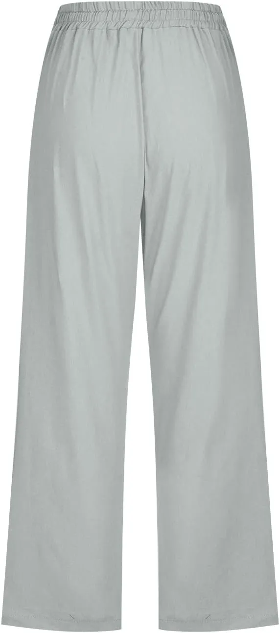 SMIDOW Capri Pants for Women Casual 2025 Summer Drawstring Elastic High Waist Linen Pant Straight Wide Leg Cropped Trouser