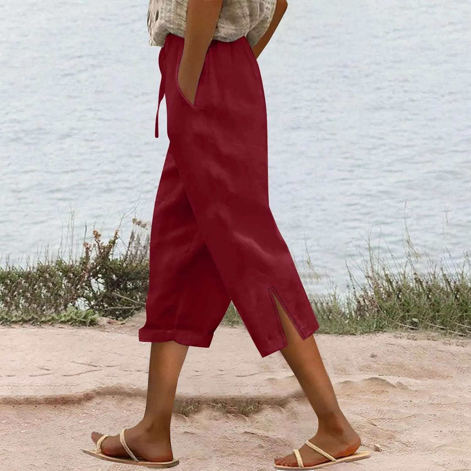 Striped Linen Pants Womens Work Business Capri Pant Lightweight Summer for Women 2025 Ladies Pinstripe Trousers