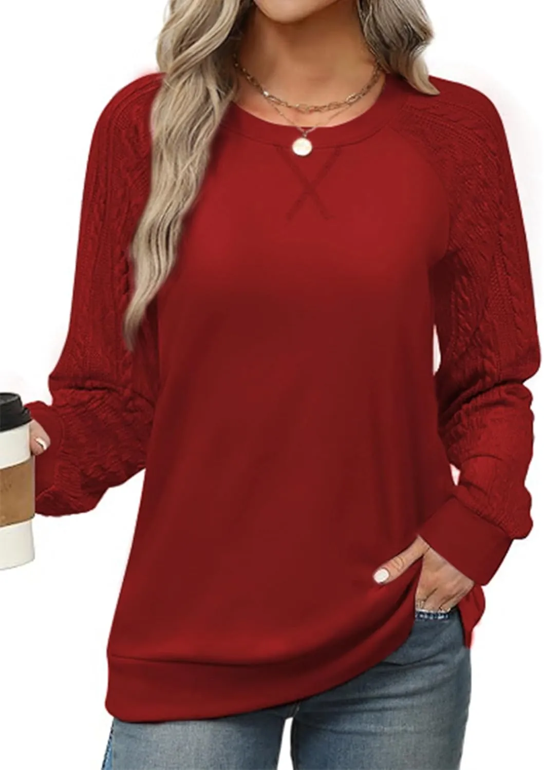 Sweatshirt for Women Crewneck 2025 Fashion Cable Knit Long Sleeve Loose Lightweight Sweater Fall Pullover Blouses Top