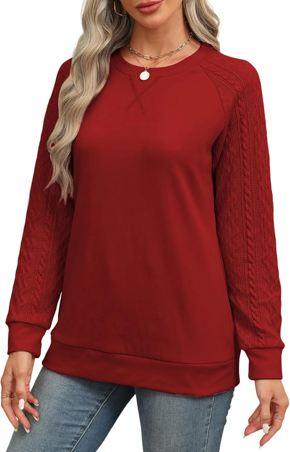 Sweatshirt for Women Crewneck 2025 Fashion Cable Knit Long Sleeve Loose Lightweight Sweater Fall Pullover Blouses Top