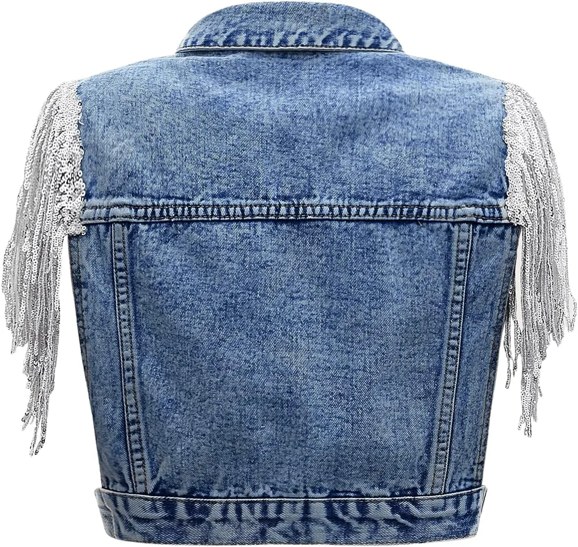 SweatyRocks Women's Fringe Button Down Crop Denim Jacket Sleeveless Collared Jean Coats