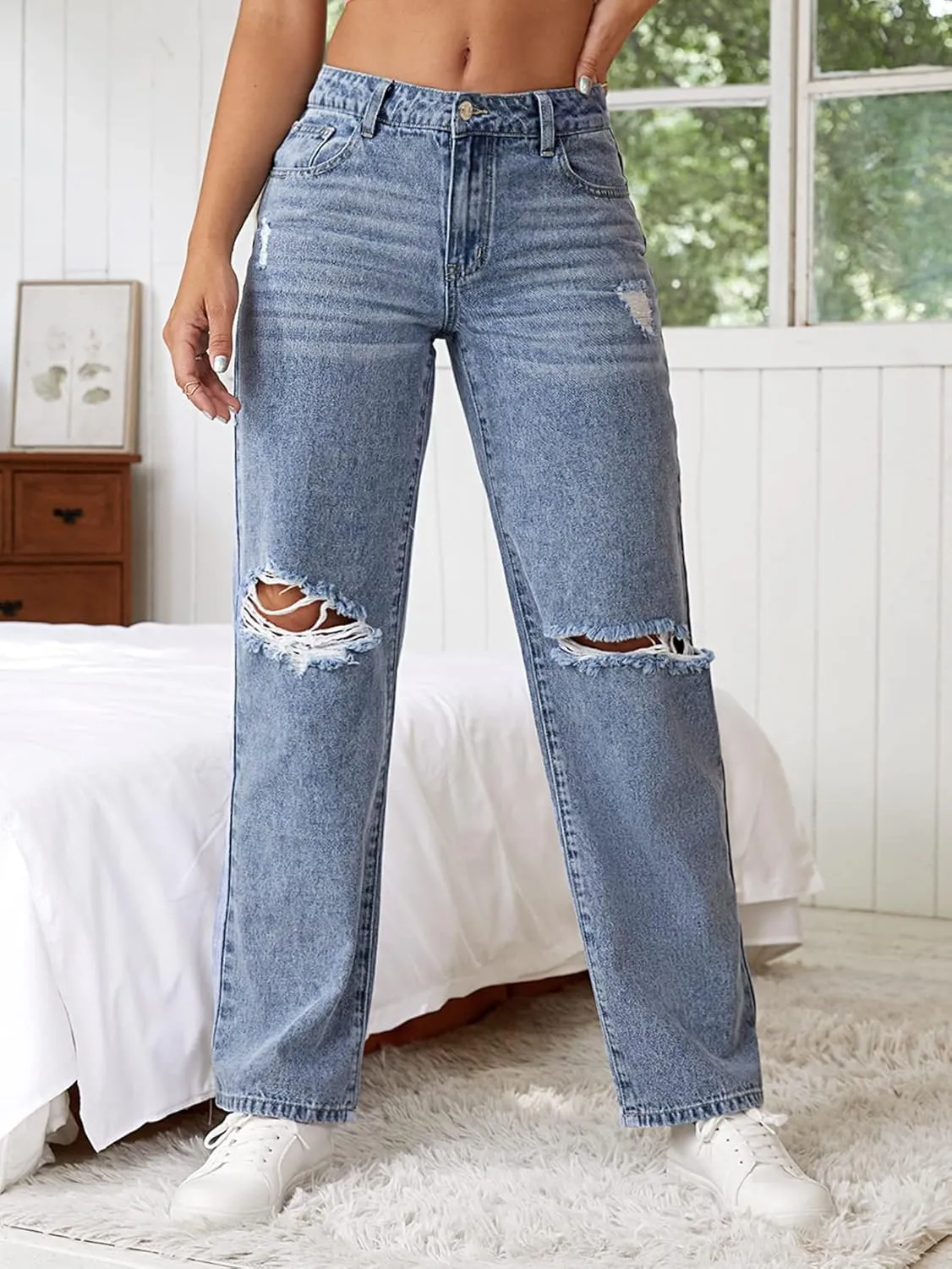 SweatyRocks Women's Ripped Straight Leg Jeans High Waist Distressed Cutout Denim Pants