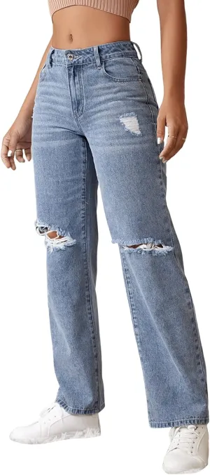 SweatyRocks Women's Ripped Straight Leg Jeans High Waist Distressed Cutout Denim Pants