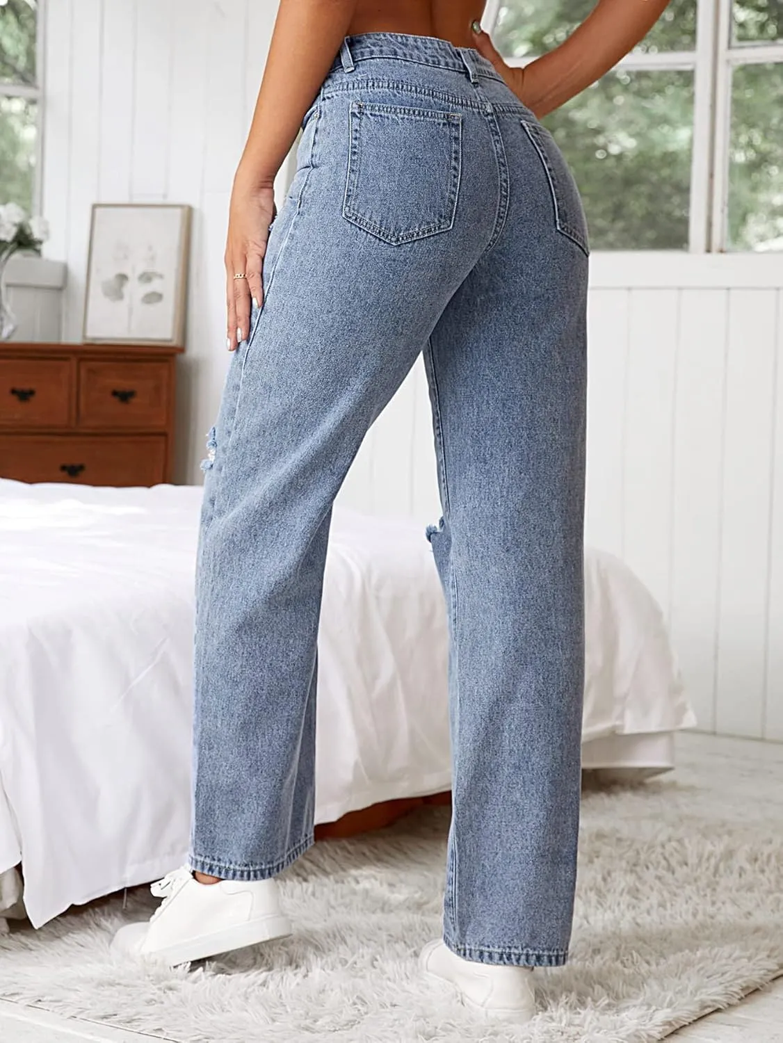 SweatyRocks Women's Ripped Straight Leg Jeans High Waist Distressed Cutout Denim Pants