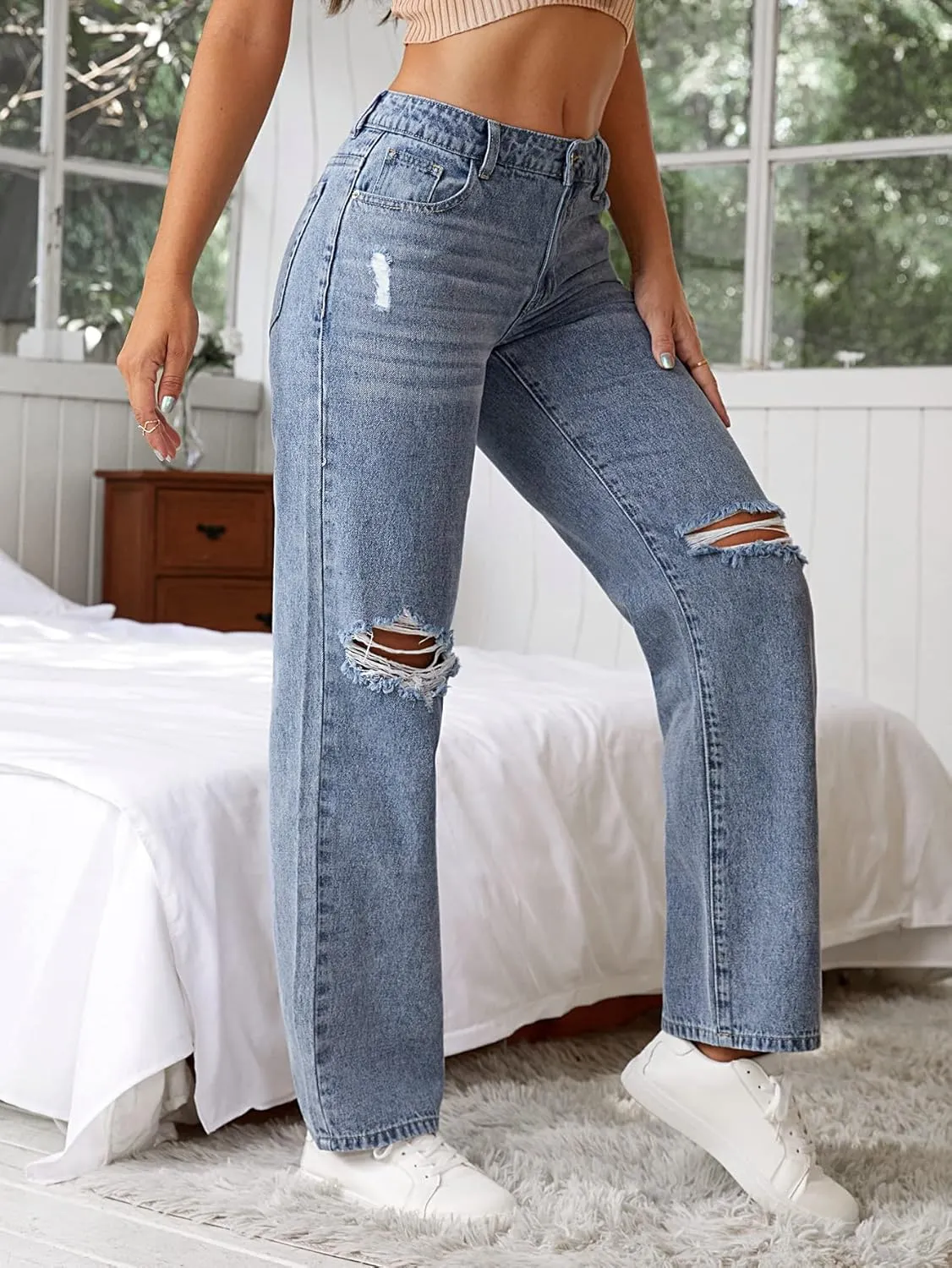SweatyRocks Women's Ripped Straight Leg Jeans High Waist Distressed Cutout Denim Pants