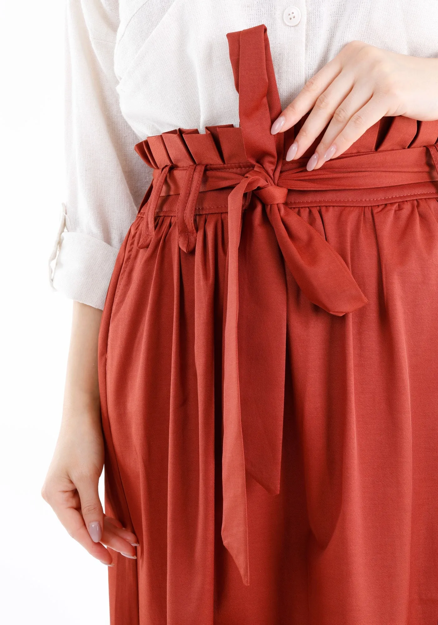 Tile Red Paper Bag Flared A-Line Maxi Skirt with Pockets and Belt