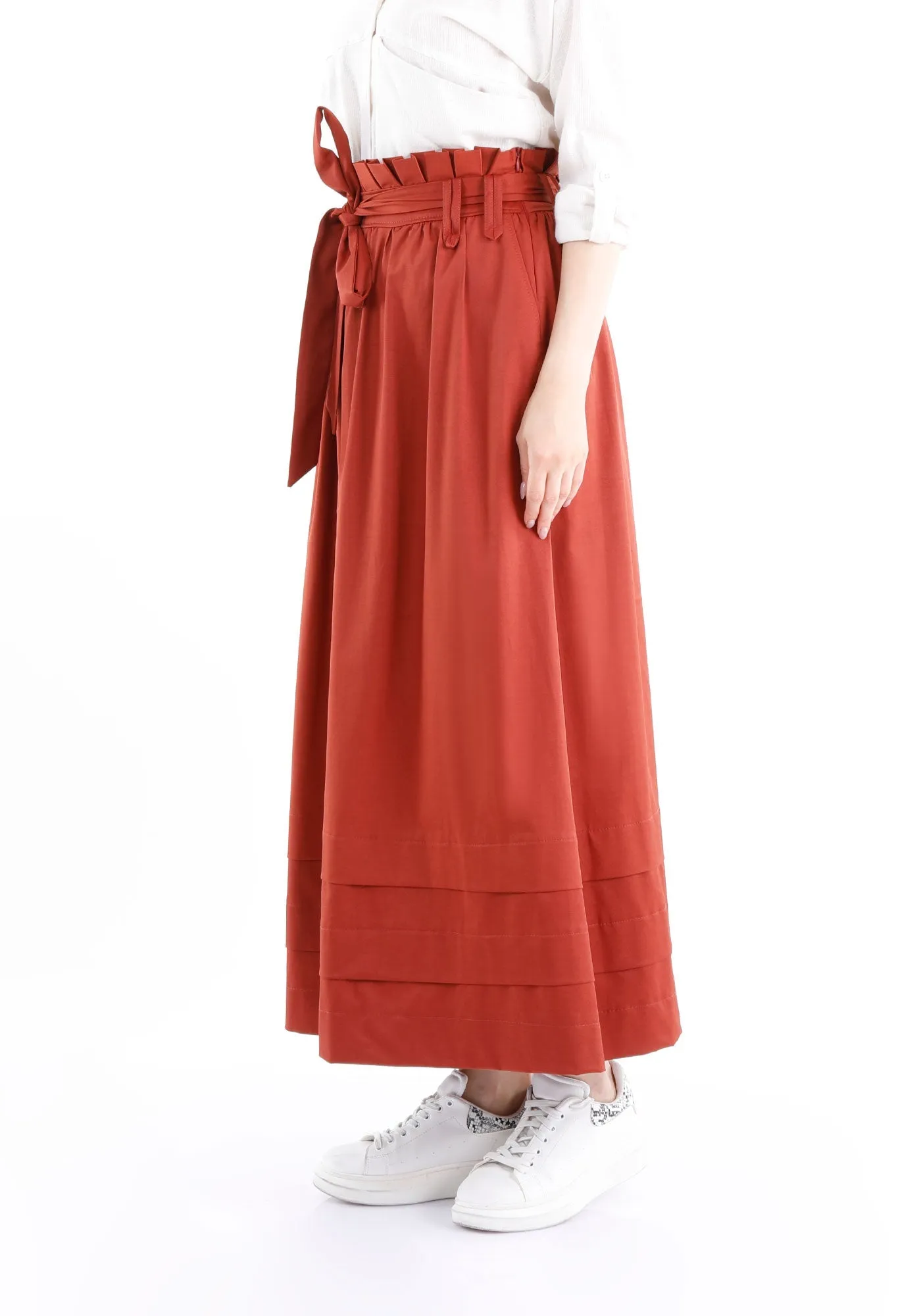 Tile Red Paper Bag Flared A-Line Maxi Skirt with Pockets and Belt