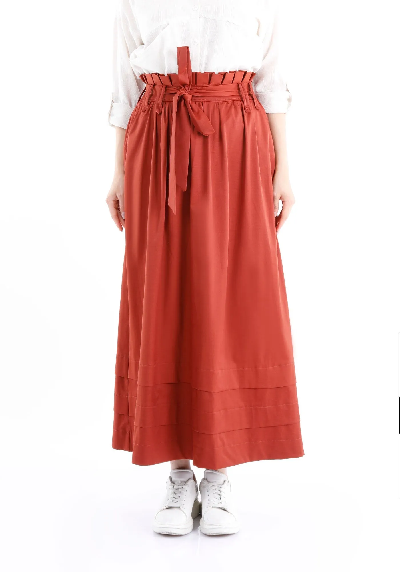 Tile Red Paper Bag Flared A-Line Maxi Skirt with Pockets and Belt