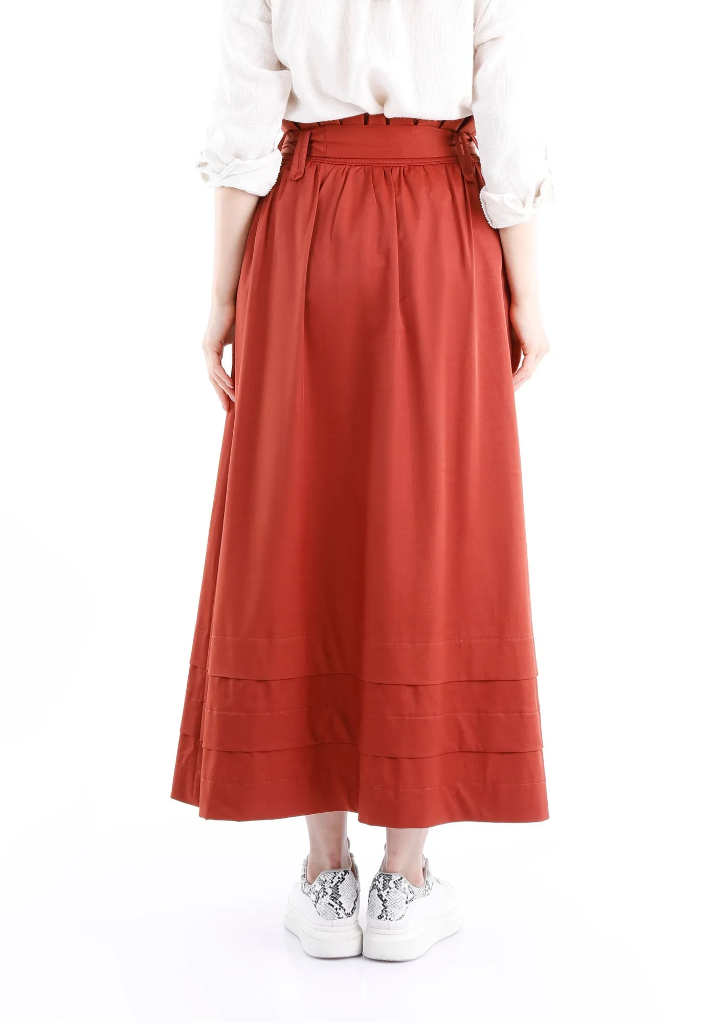 Tile Red Paper Bag Flared A-Line Maxi Skirt with Pockets and Belt