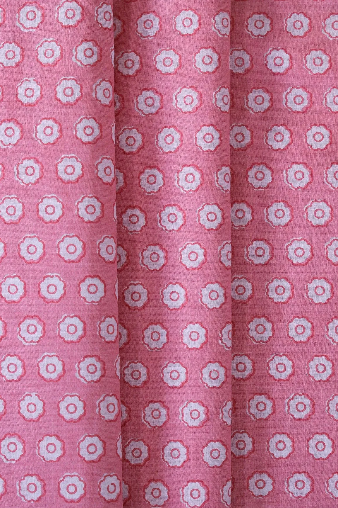 White Small Floral Booti Pattern Print On Baby Pink Pure Cotton Fabric