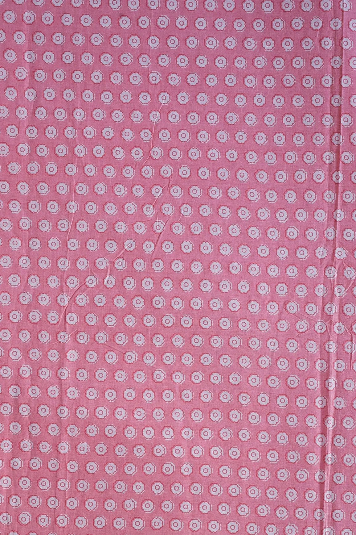 White Small Floral Booti Pattern Print On Baby Pink Pure Cotton Fabric