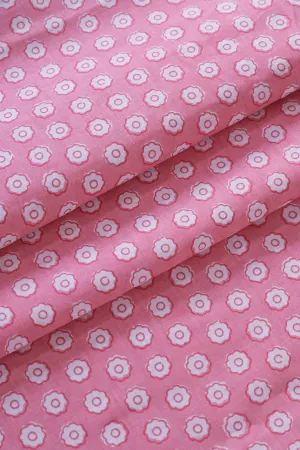 White Small Floral Booti Pattern Print On Baby Pink Pure Cotton Fabric