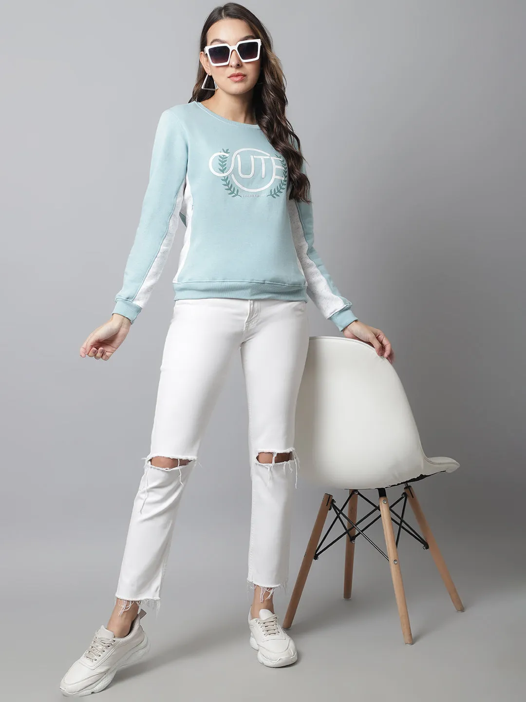 Women's Casual  Aqua Regular Full Sleeve Color block Pullover Sweatshirt