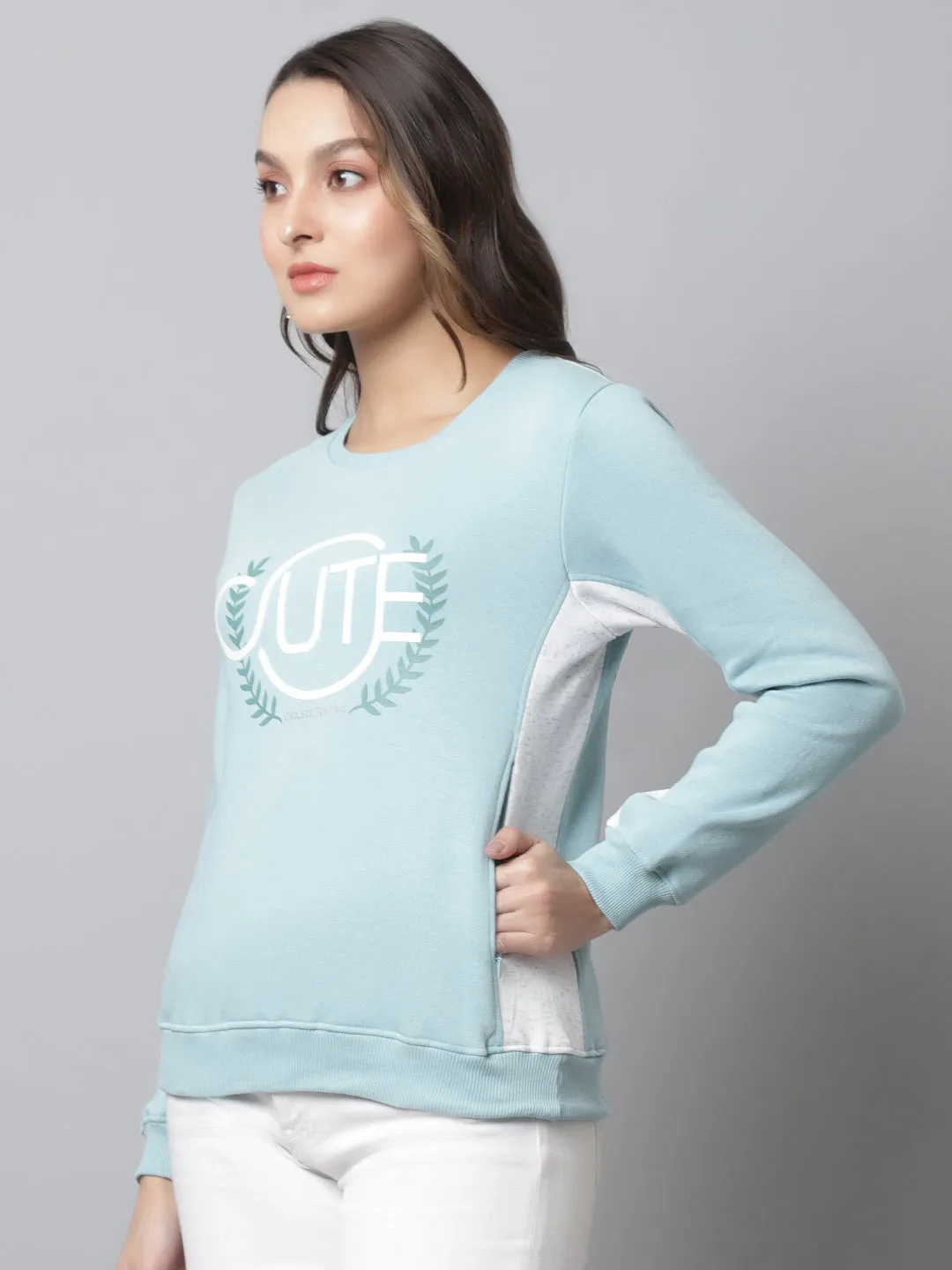 Women's Casual  Aqua Regular Full Sleeve Color block Pullover Sweatshirt