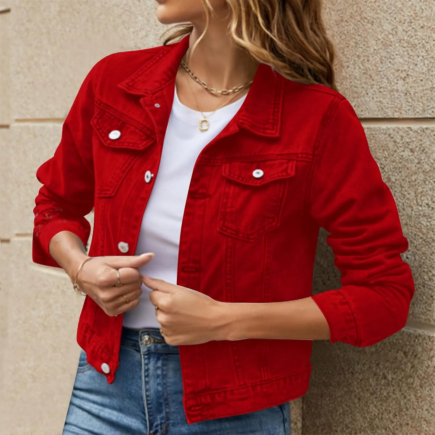 Women's Coat Casual Basic Solid Color Long Sleeve Button Down Classic Denim Coat Autumn Loose Jackets with Pockets