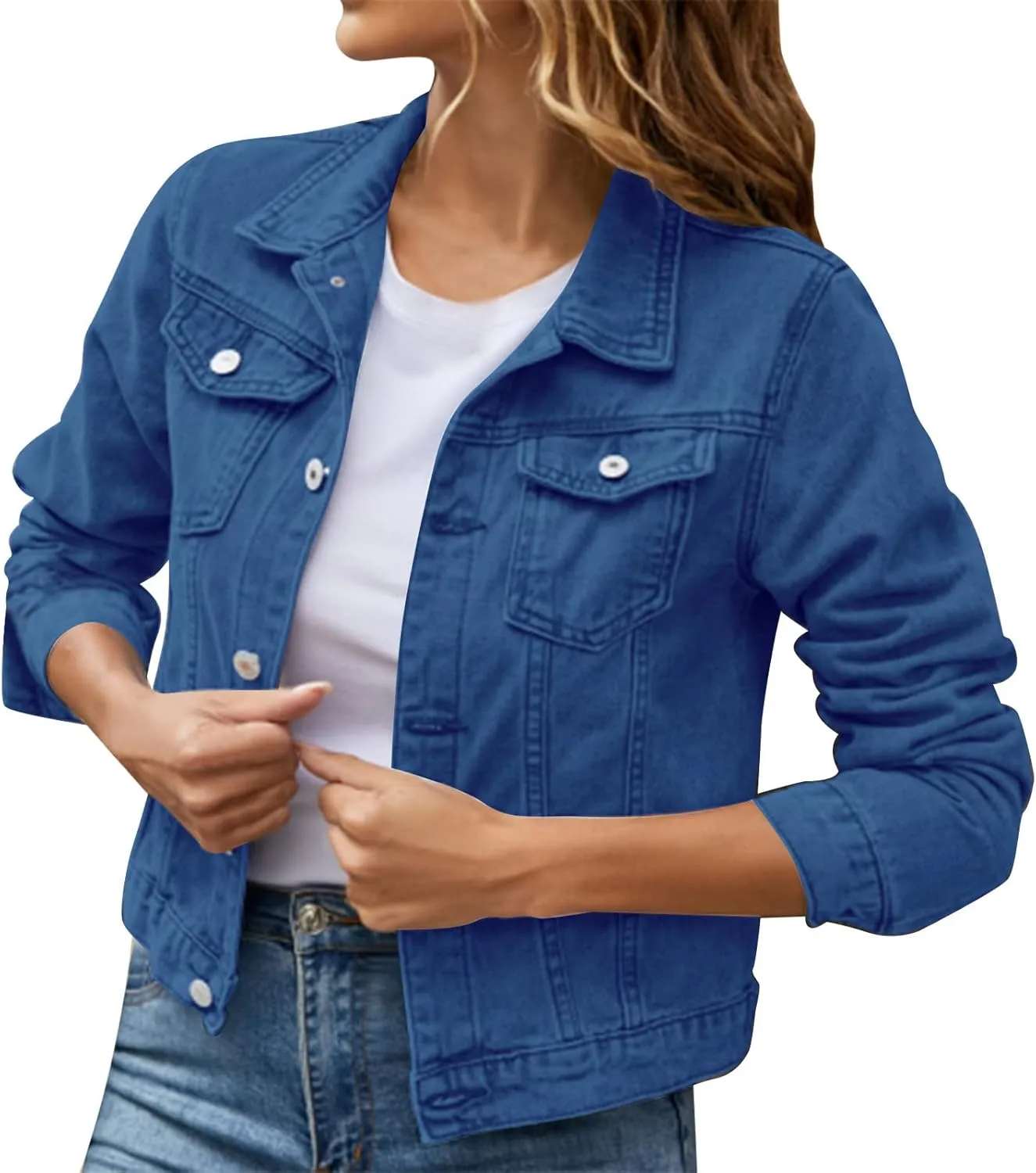 Women's Coat Casual Basic Solid Color Long Sleeve Button Down Classic Denim Coat Autumn Loose Jackets with Pockets
